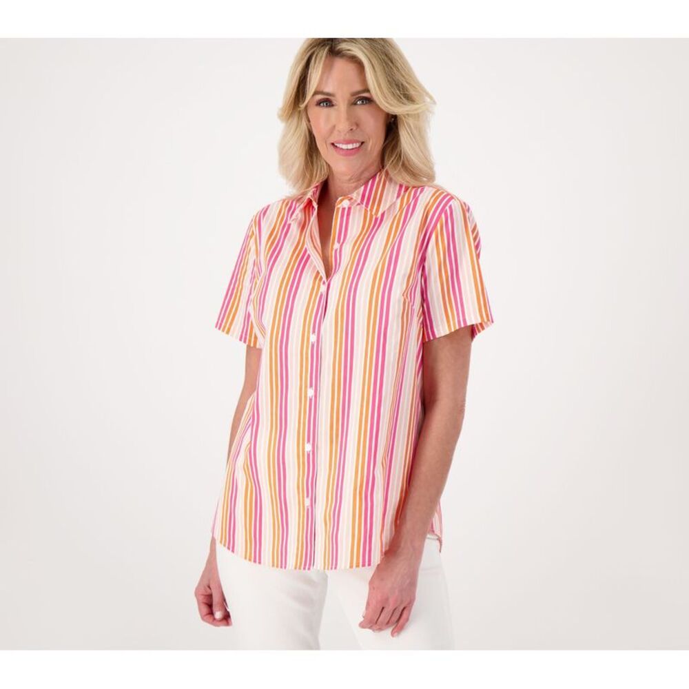 Denim & Co. Women's Top Sz XS Coolmax Striped Button Front Multi-colored A601436